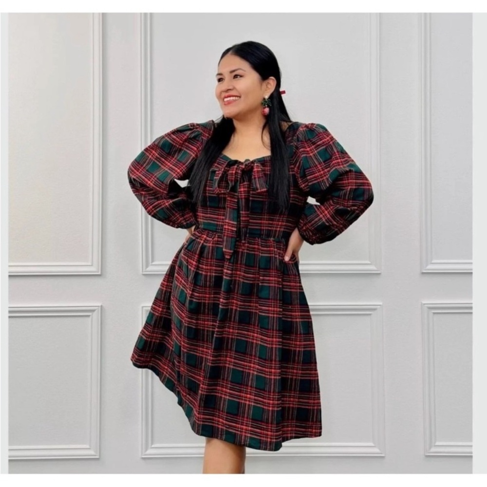 Ivy City Women Margo Dress Red Green Plaid Holiday Academia Puff Sleeve